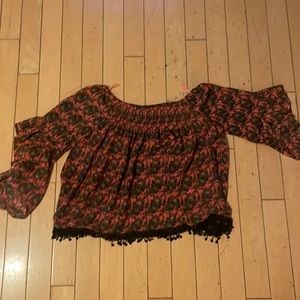 LF off shoulder pink and black patterned top in size small